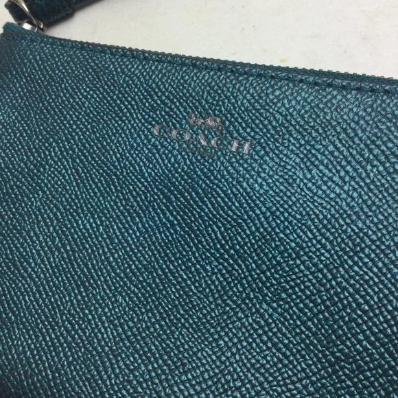 Coach Metallic Dark Teal Leather Corner Zip Wristlet - Picture 6 of 10